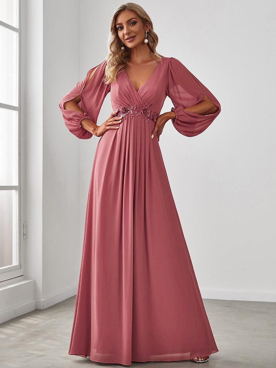 ever AMOUR|Robe de Soiree Longue Elegante Avec Lanterne en V Profond a Manches Fendues et Appliques