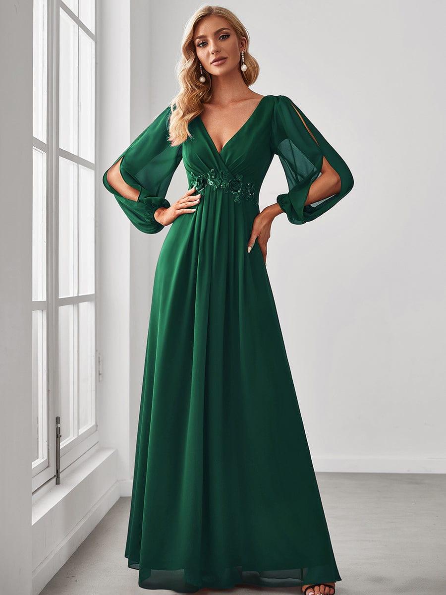 ever AMOUR|Robe de Soiree Longue Elegante Avec Lanterne en V Profond a Manches Fendues et Appliques