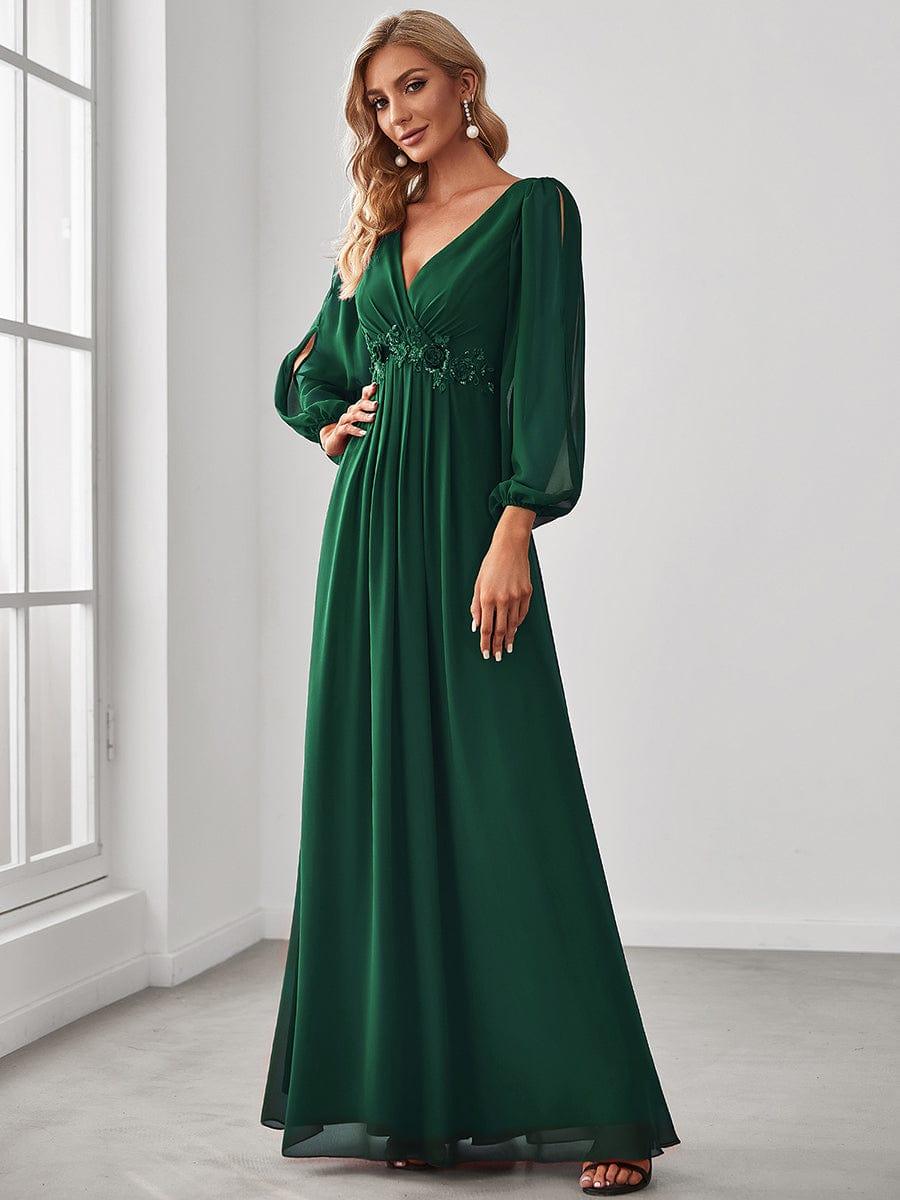 ever AMOUR|Robe de Soiree Longue Elegante Avec Lanterne en V Profond a Manches Fendues et Appliques