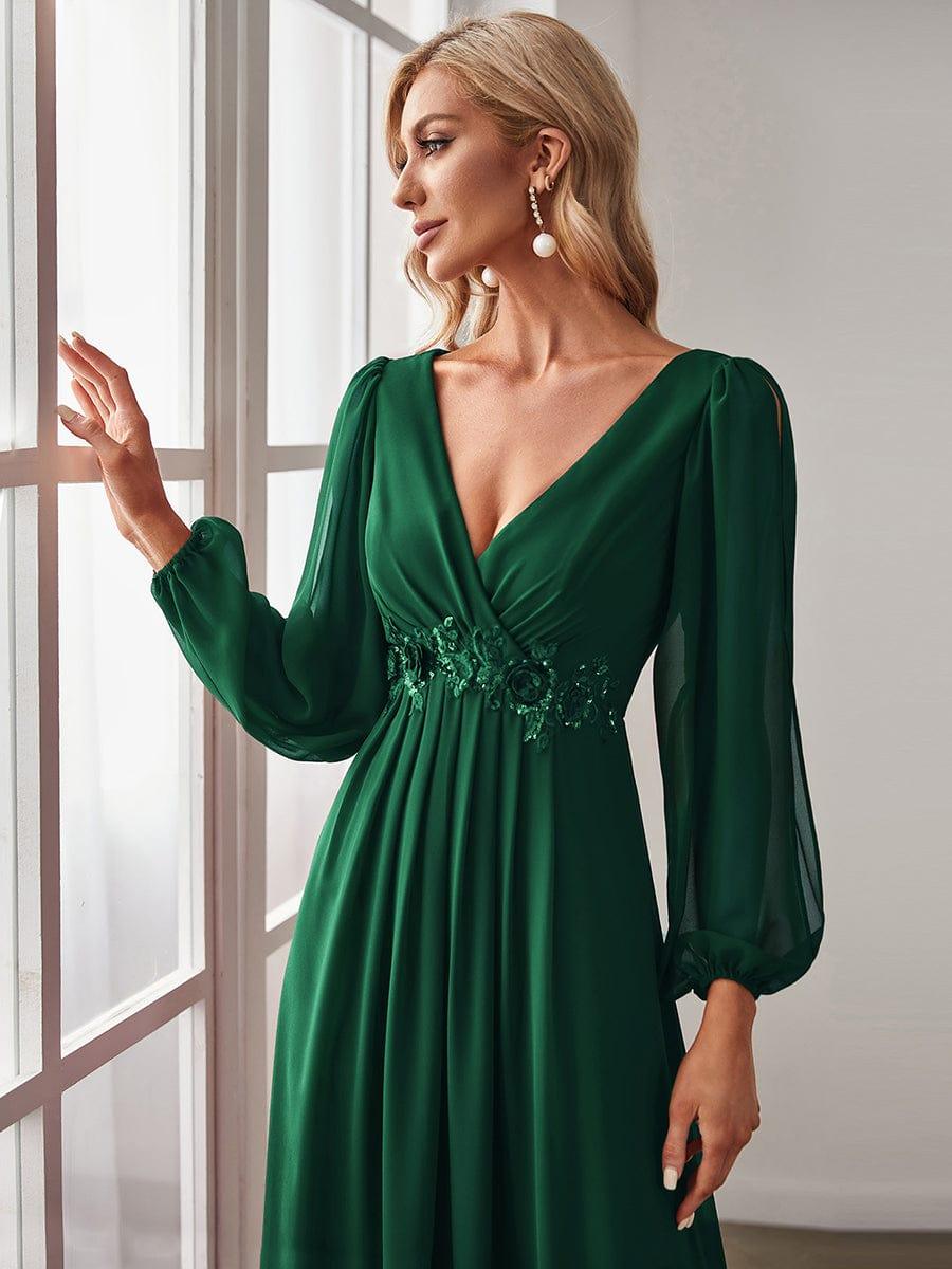 ever AMOUR|Robe de Soiree Longue Elegante Avec Lanterne en V Profond a Manches Fendues et Appliques
