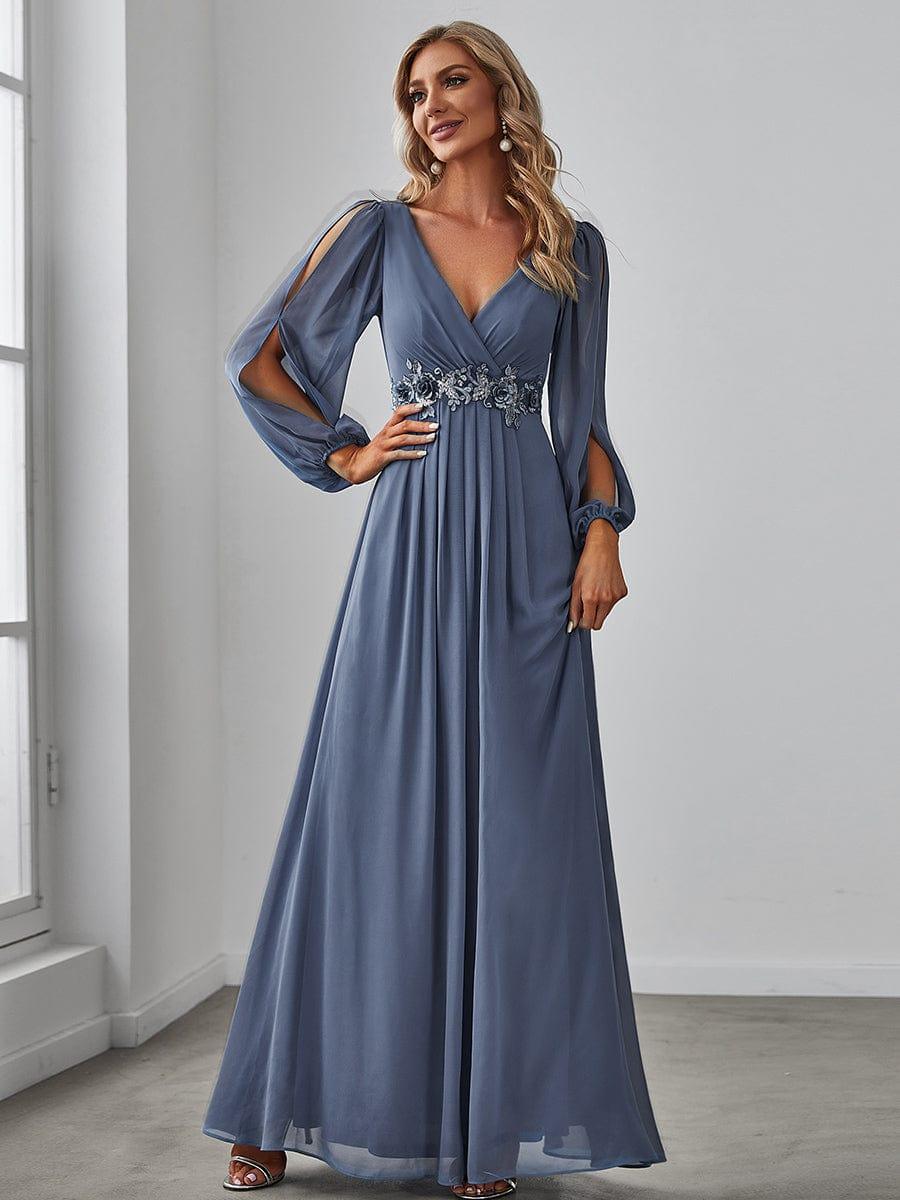 ever AMOUR|Robe de Soiree Longue Elegante Avec Lanterne en V Profond a Manches Fendues et Appliques