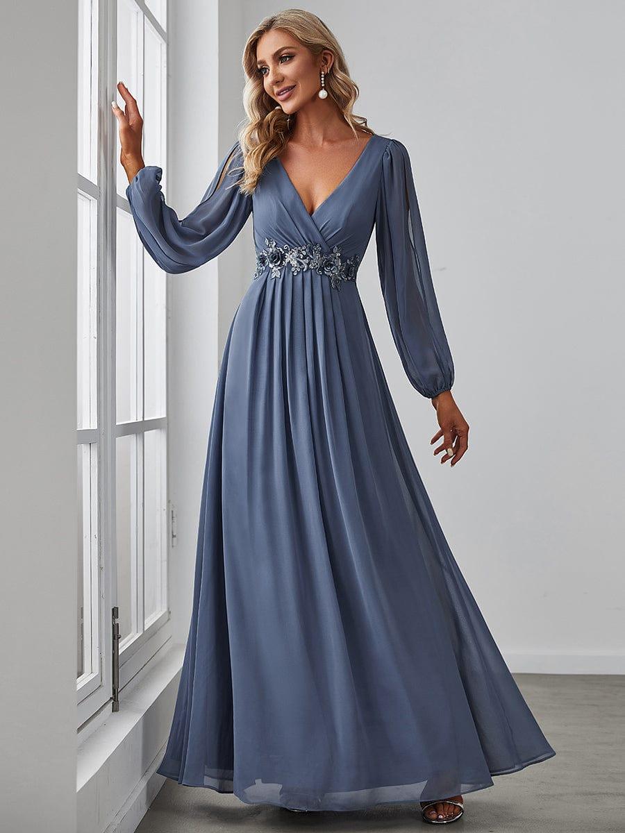 ever AMOUR|Robe de Soiree Longue Elegante Avec Lanterne en V Profond a Manches Fendues et Appliques
