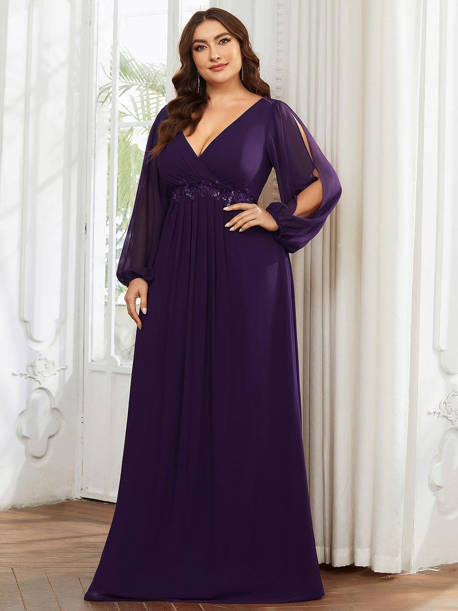 ever AMOUR|Robe de Soiree Longue Elegante Avec Lanterne en V Profond a Manches Fendues et Appliques
