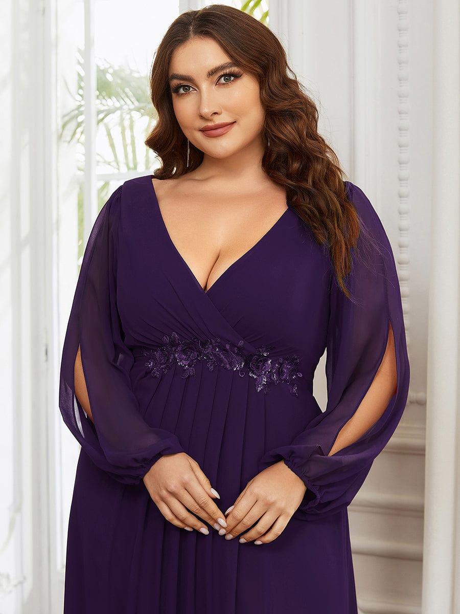 ever AMOUR|Robe de Soiree Longue Elegante Avec Lanterne en V Profond a Manches Fendues et Appliques