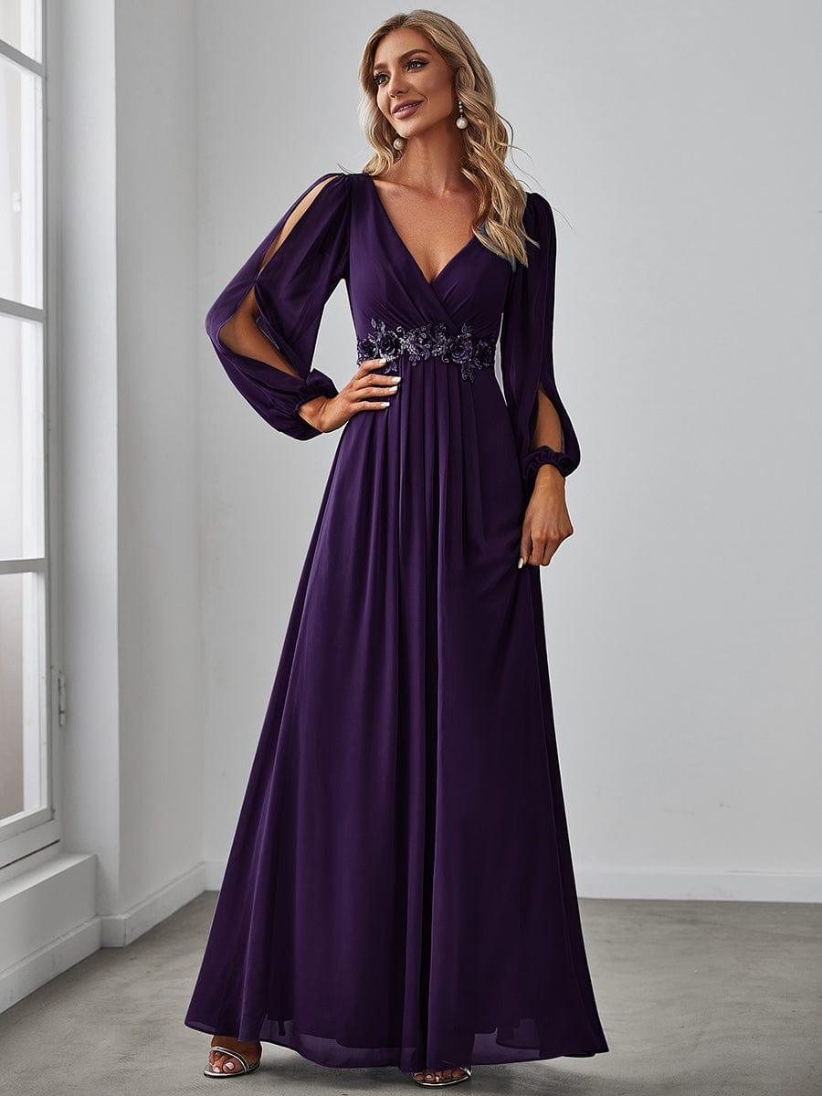 ever AMOUR|Robe de Soiree Longue Elegante Avec Lanterne en V Profond a Manches Fendues et Appliques
