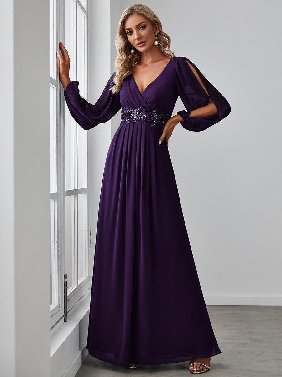 ever AMOUR|Robe de Soiree Longue Elegante Avec Lanterne en V Profond a Manches Fendues et Appliques