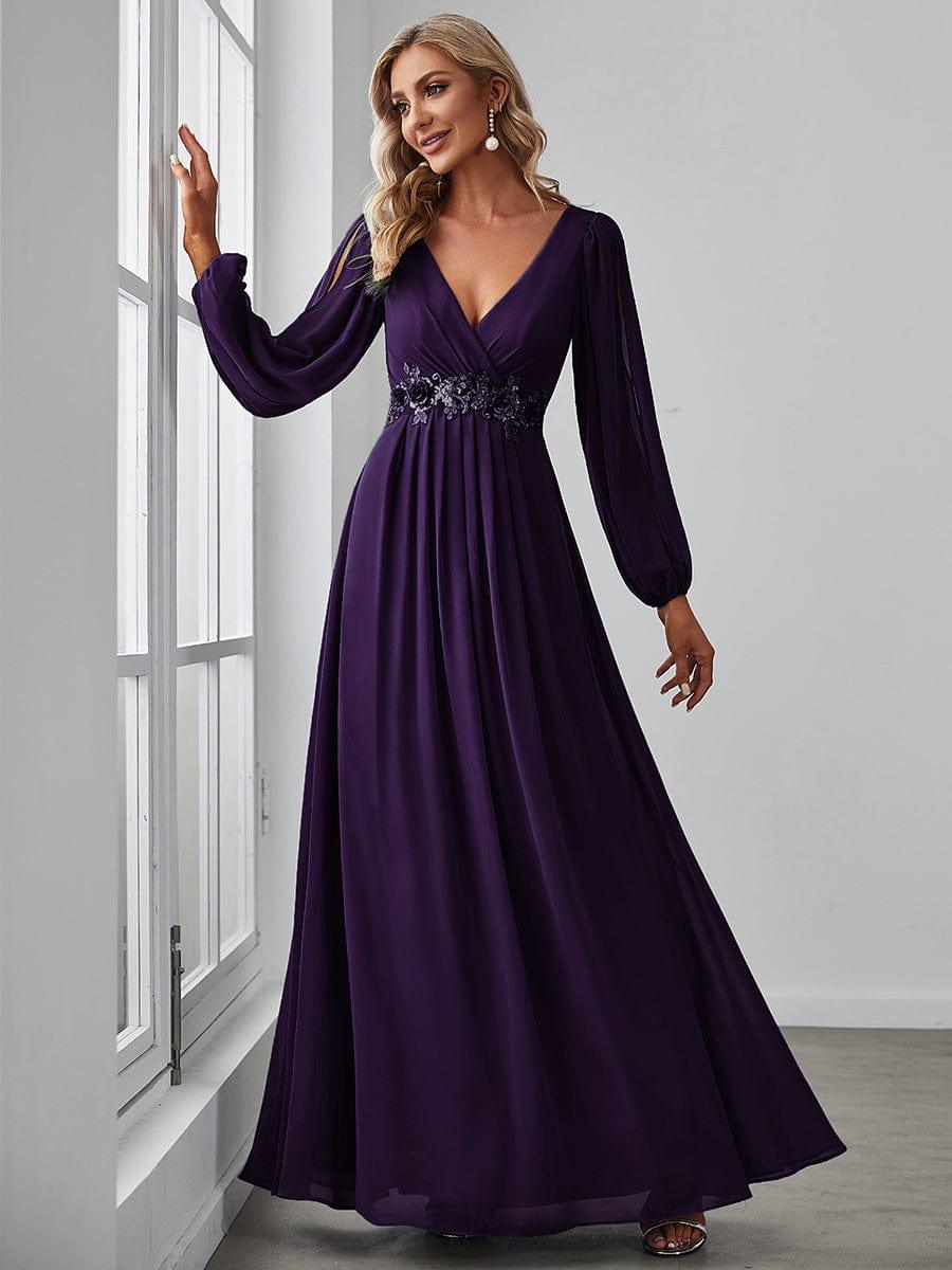 ever AMOUR|Robe de Soiree Longue Elegante Avec Lanterne en V Profond a Manches Fendues et Appliques