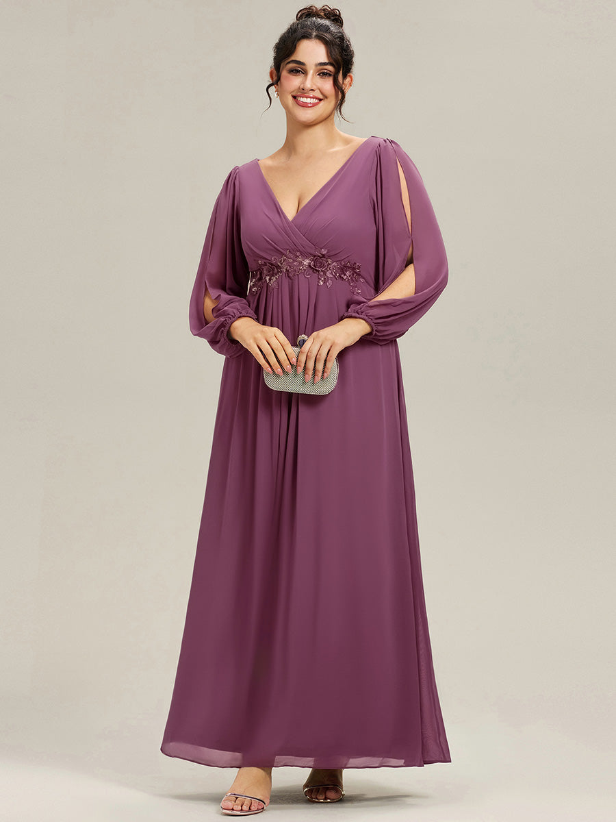 ever AMOUR|Robe de Soiree Longue Elegante Avec Lanterne en V Profond a Manches Fendues et Appliques