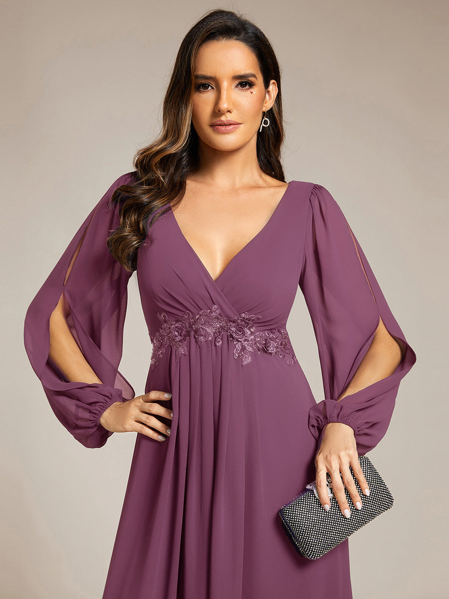 ever AMOUR|Robe de Soiree Longue Elegante Avec Lanterne en V Profond a Manches Fendues et Appliques
