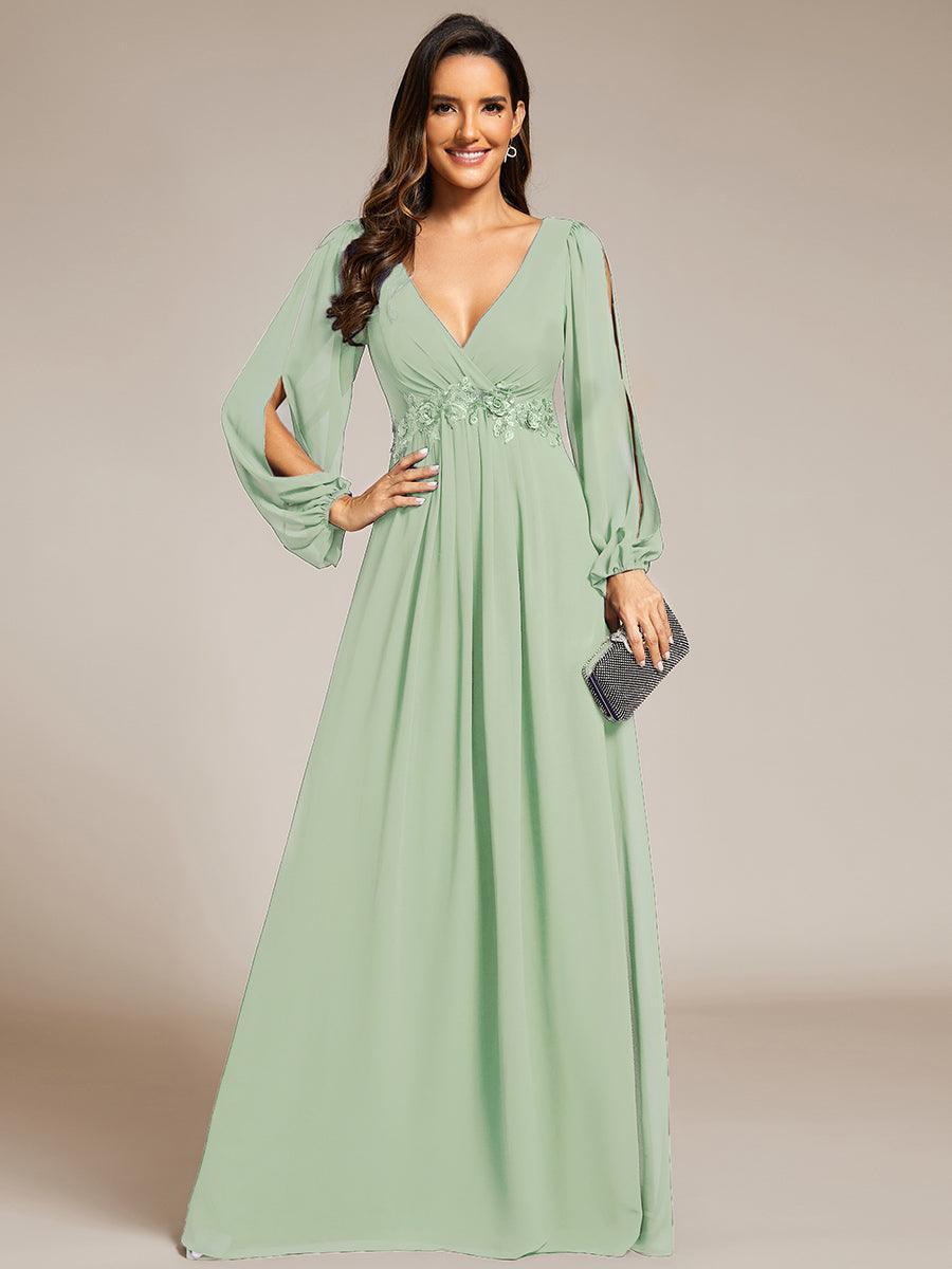 ever AMOUR|Robe de Soiree Longue Elegante Avec Lanterne en V Profond a Manches Fendues et Appliques