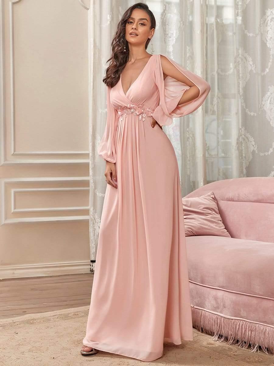 ever AMOUR|Robe de Soiree Longue Elegante Avec Lanterne en V Profond a Manches Fendues et Appliques