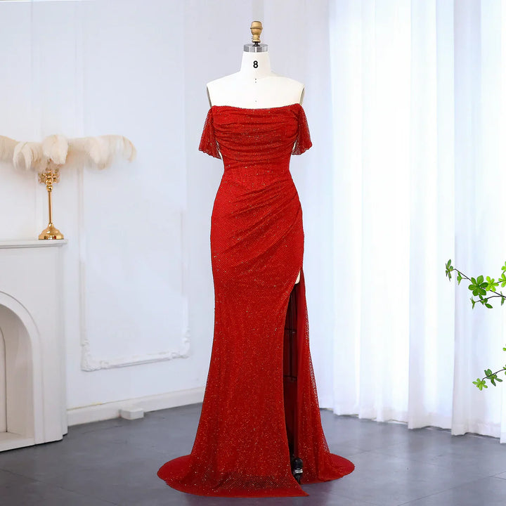 Elegant Red Off Shoulder Evening Dress with Side Slit SF163