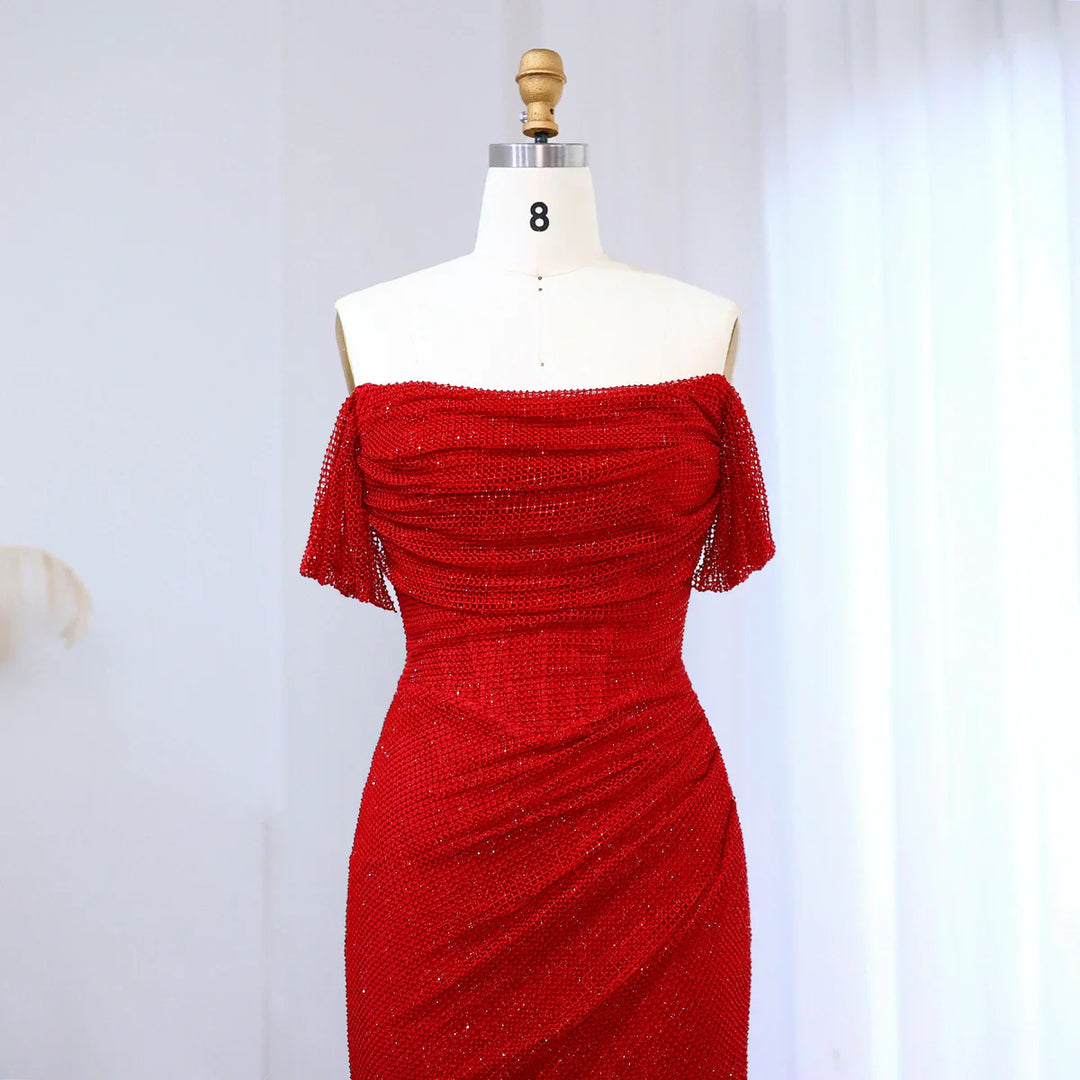 Elegant Red Off Shoulder Evening Dress with Side Slit SF163