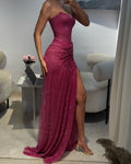 Sweetheart Sleeveless Ruch Side Slit Sheath Sparkly Prom Dress