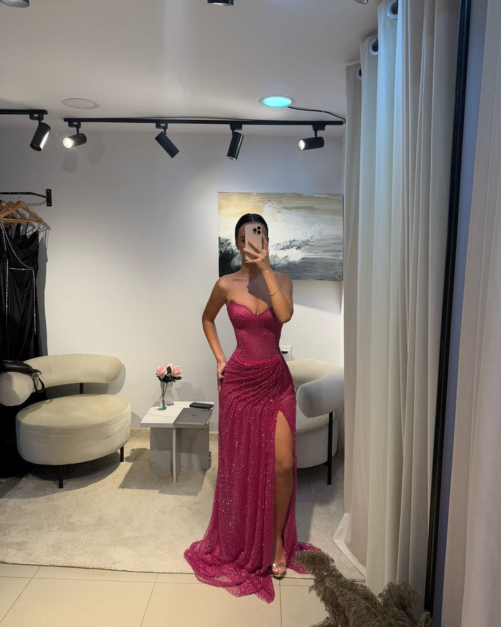 Sweetheart Sleeveless Ruch Side Slit Sheath Sparkly Prom Dress