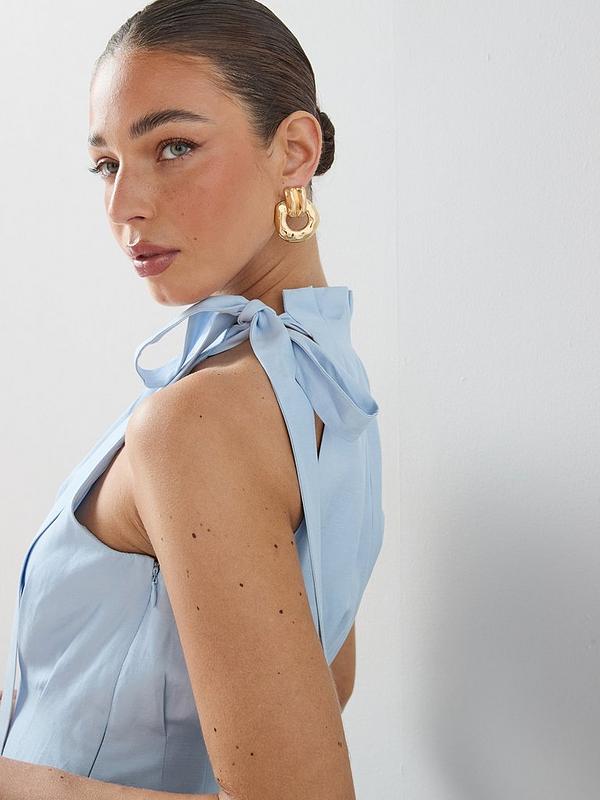 High Neck Pleat Detail Sleeveless Midaxi Dress - Blue