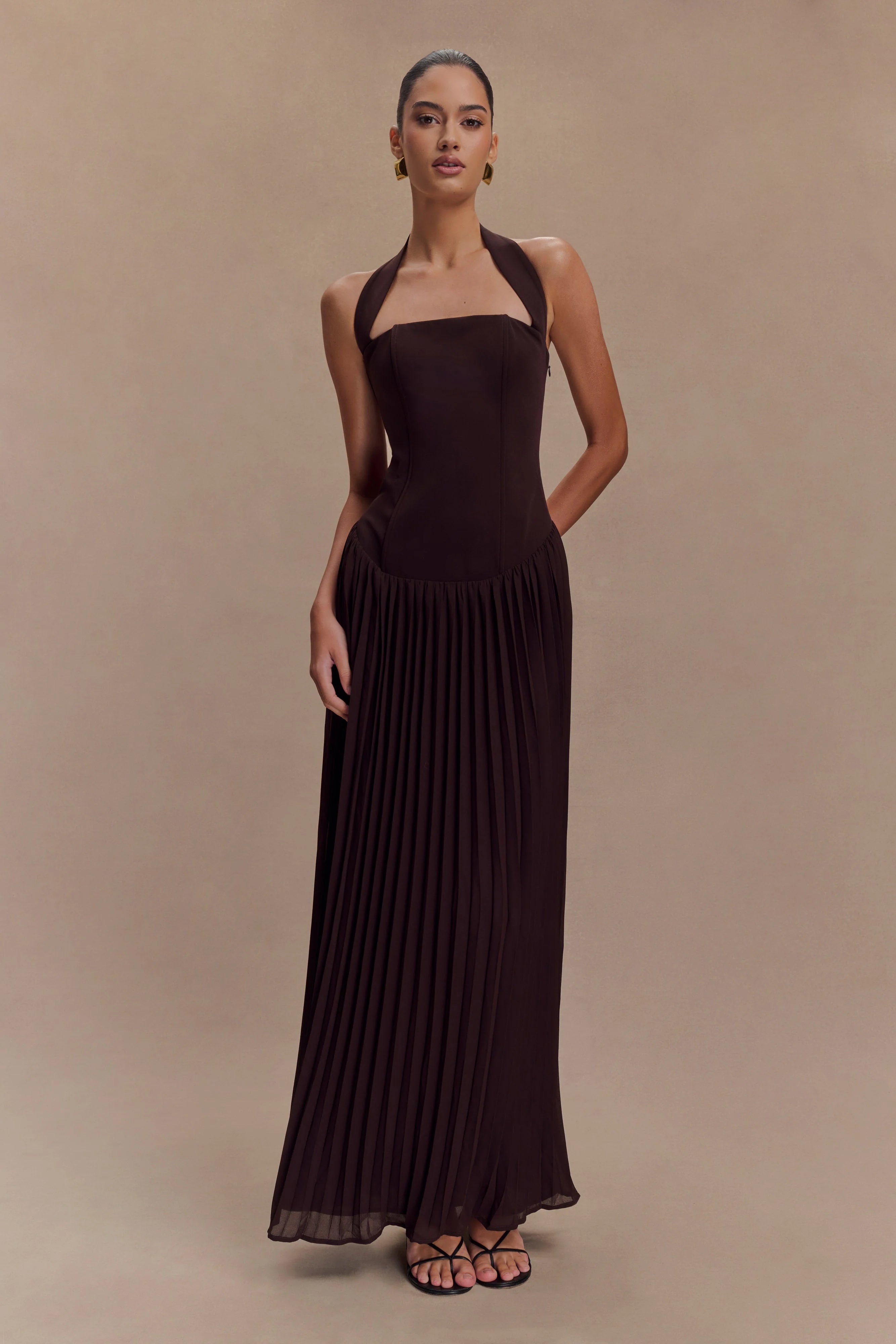 Stacie Pleated Halter Maxi Dress