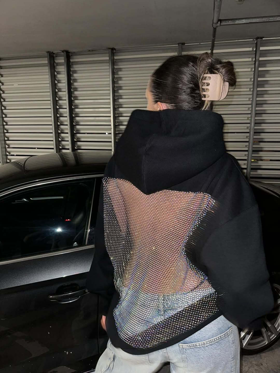 Backless Crystal Mesh Hoodie