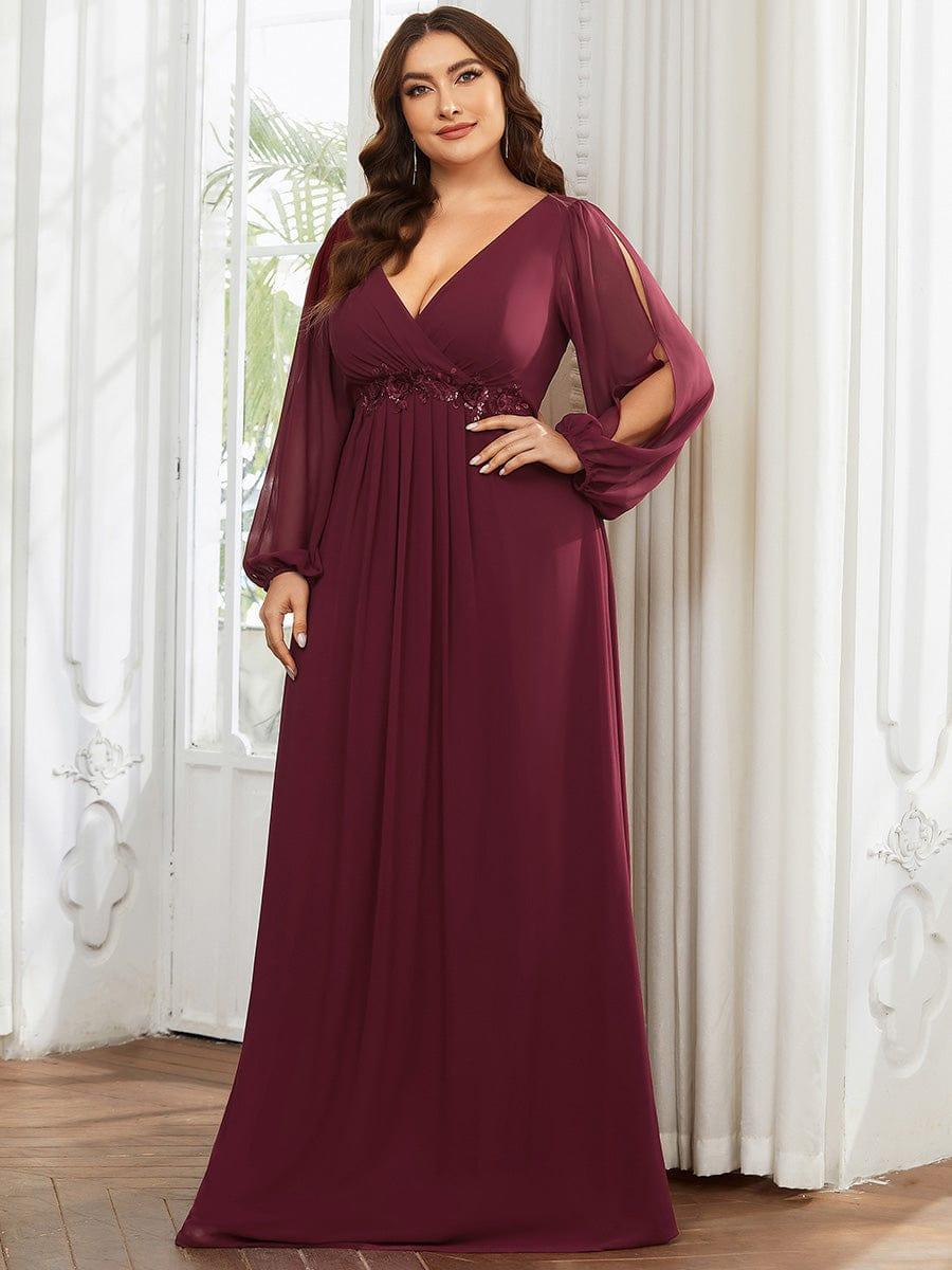 ever AMOUR|Robe de Soiree Longue Elegante Avec Lanterne en V Profond a Manches Fendues et Appliques