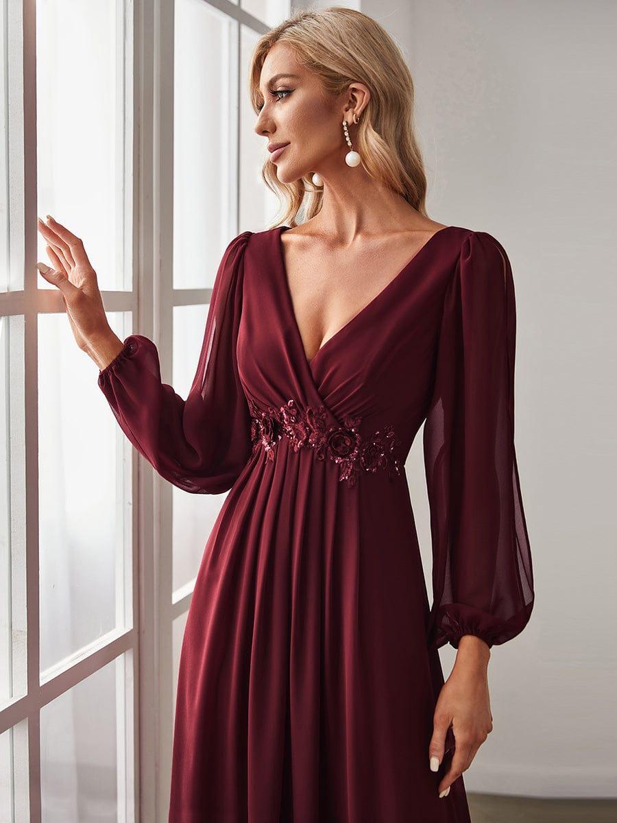ever AMOUR|Robe de Soiree Longue Elegante Avec Lanterne en V Profond a Manches Fendues et Appliques
