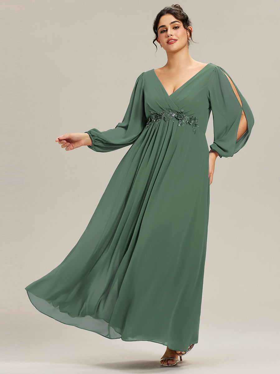 ever AMOUR|Robe de Soiree Longue Elegante Avec Lanterne en V Profond a Manches Fendues et Appliques