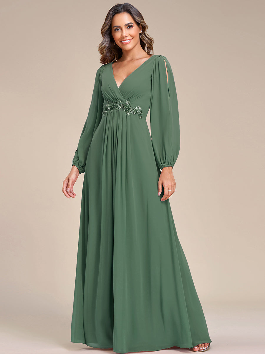 ever AMOUR|Robe de Soiree Longue Elegante Avec Lanterne en V Profond a Manches Fendues et Appliques