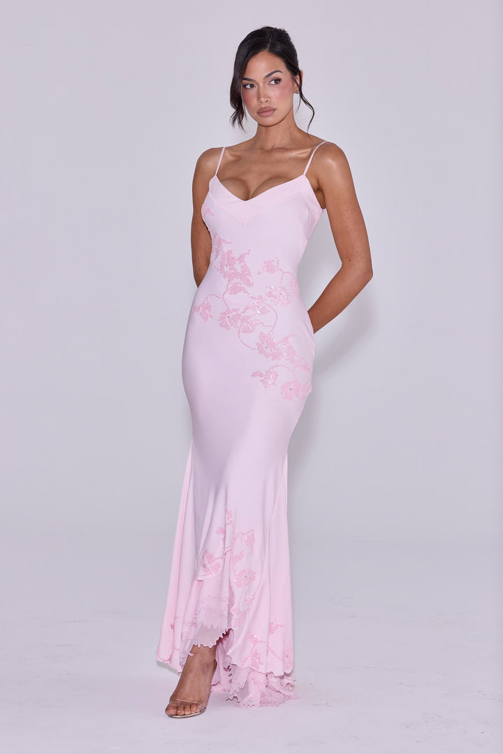Anastelle hand beaded embellished satin maxi dress