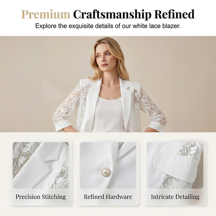 🤵‍♀️ LIMITED-TIME 50% OFF! ✨ White Lace Blazer – Slim Fit, 3/4 Sleeve, Elegant Transition 👑