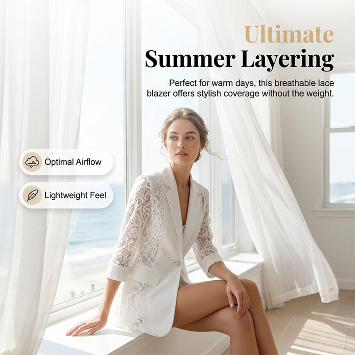 🤵‍♀️ LIMITED-TIME 50% OFF! ✨ White Lace Blazer – Slim Fit, 3/4 Sleeve, Elegant Transition 👑
